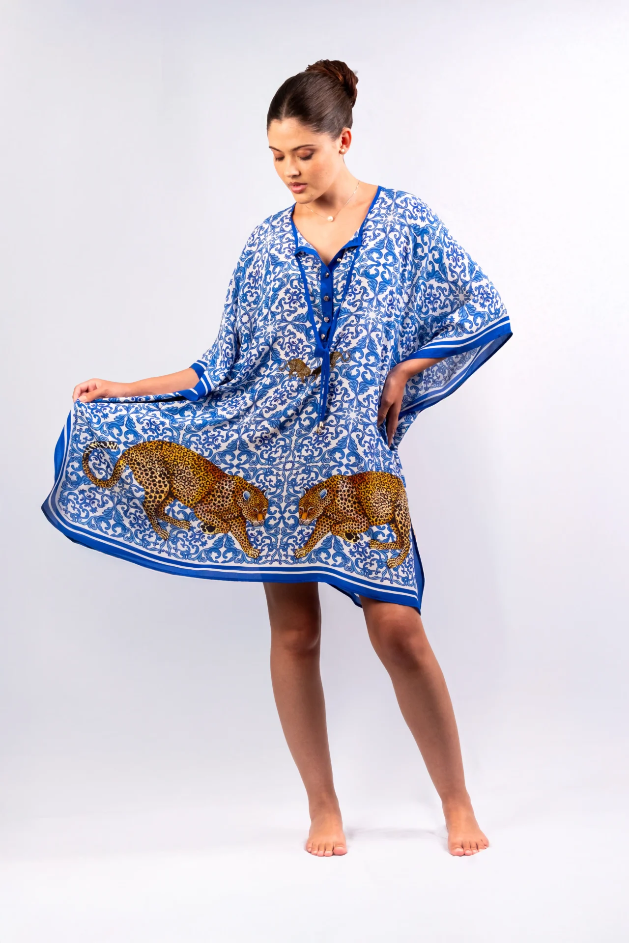 Kaftan Blue Short (2) copy Silk Kaftan:  Luxe Leopard, Short - Image 5